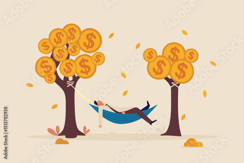 Passive income, earning with no effort by make profit or dividend from investment and achieve financial freedom concept, happy rich businessman sleeping in hammock tied on money tree with dollar coins