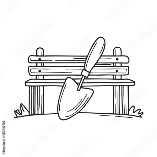 A garden bench with a trowel beneath it