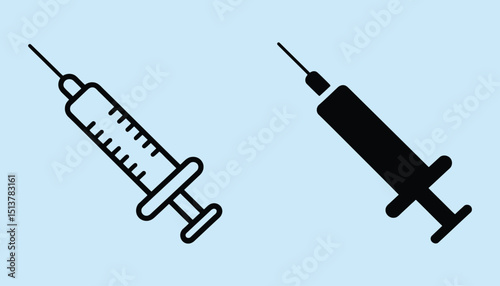 Syringe Icon Set. Medical Injection Needle Vector in Outline and Solid Style.