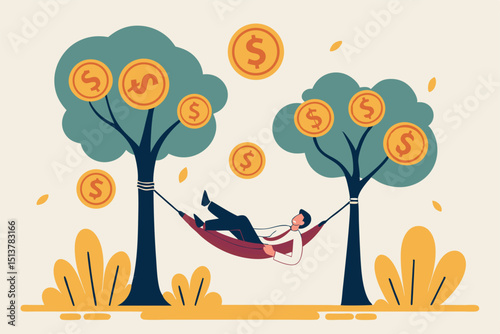 Passive income, earning with no effort by make profit or dividend from investment and achieve financial freedom concept, happy rich businessman sleeping in hammock tied on money tree with dollar coins