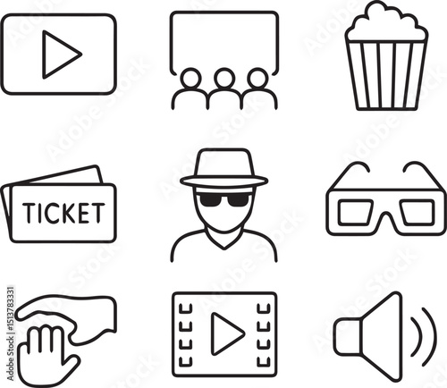Cinema set of web icons in line style. Movie and Film linear icon collection. Containing video, movie theater, 3d, vr, popcorn, ticket, director, soundtrack and more. 