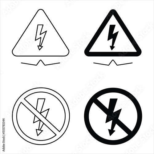 High Voltage Danger Icon Set. Electric Shock Hazard Symbols in Line and Solid Style.