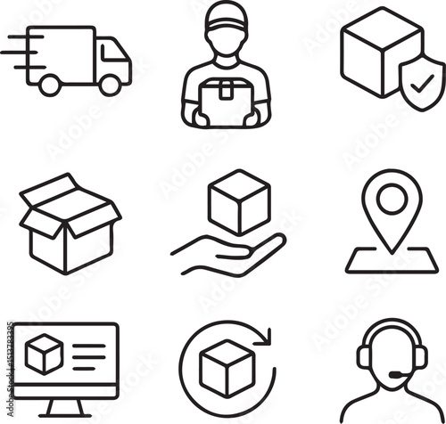Delivery and logistics set of web icons in line style. Shipping and logistics icons for web and mobile app. Express delivery, courier, package protection, business, tracking, return, customer service