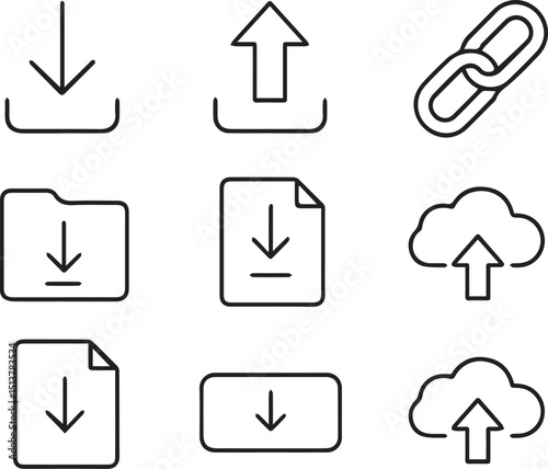 Download set of web icons in line style. Upload and Download linear icon collection. Containing arrow, link, folder, download file, cloud storage, web button. 