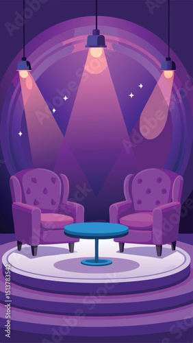 Stage with purple armchairs and a table illuminated by overhead lights and spotlights