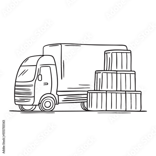 A truck parked near a stack of crates