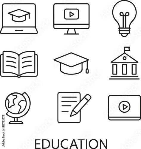 Education set of web icons in line style. Learning icons for web and mobile app. E-learning, video tutorial, knowledge, study, school, university, webinar, online education. Vector illustration