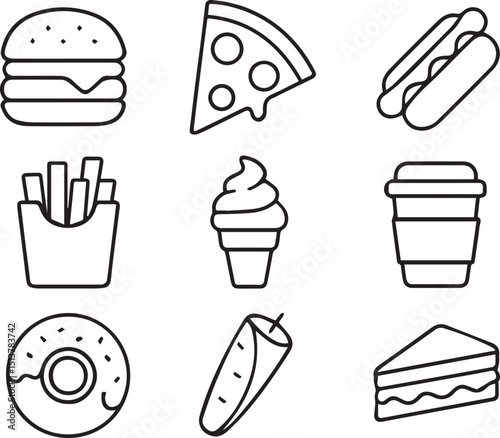 Fast food set of web icons in line style. Food and drink linear icon collection. Containing burger, pizza, hot dog, french fries, kabab, ice cream, coffee, donut, sandwich and more. 