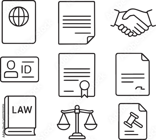 Legal documents set of web icons in line style. Document linear icons collection. Containing passport, contract, agreement, ID card, certificate, license, law, justice. 