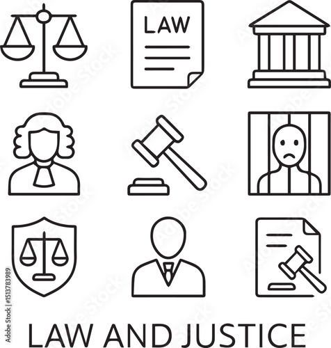 Law and justice set of web icons in linear style. Justice and law icons for web and mobile app. Legal documents. Law, judgement, prison, justice, court legal, lawyer, criminal. Vector illustration
