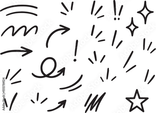 Line movement effect element, cartoon emotion effect decoration icon. Hand drawn cute doodle line element arrow, emphasis, shock, sparkle. Anime movement, express shape. Vector illustration