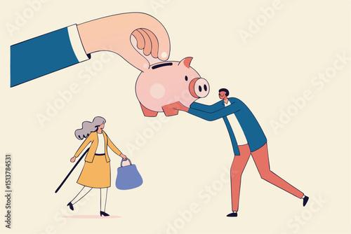 Protect retirement pension money from fraud, ponzi scheme or cost and tax that impact retiree investment fund concept, senior grandparent couple pull back their piggy bank money from thief hand.