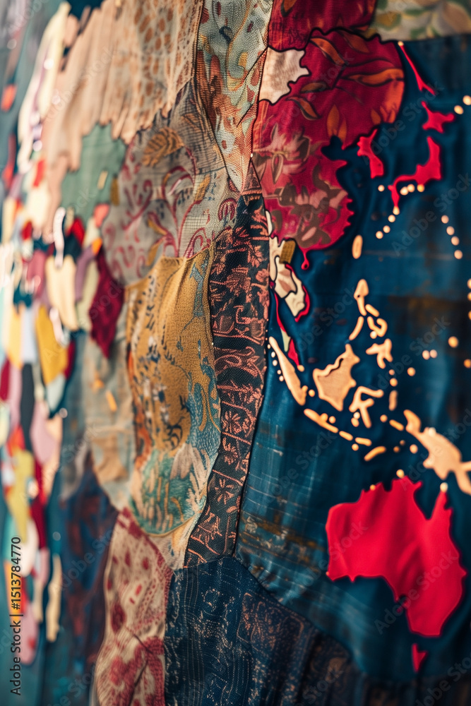 Obraz premium Textile artistry depicting a world map through vibrant fabric patchwork, showcasing detailed continents and intricate designs.