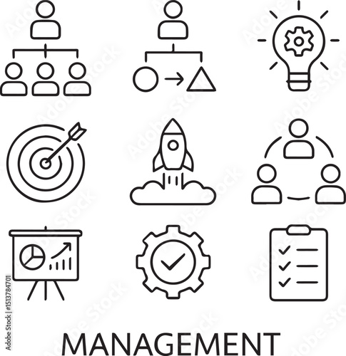 Management set of web icons in linear style. Project management icons for web and mobile app. Business, organisation management, planning, project, startup, marketing, teamwork. Vector illustration