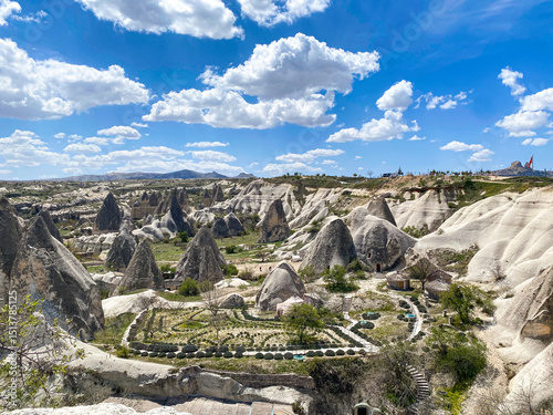Panoramic view of natural rock formation, fairy chimneys of Cappadocia, Goreme, Turkiye on a beautiful spring blue sky day