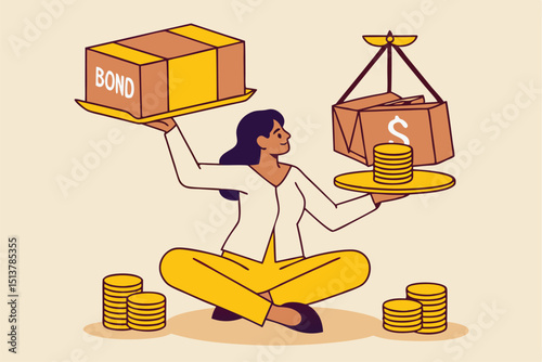 Diversify portfolio investment, rebalance between stocks and bonds, passive invest wealth accumulate concept, intelligent woman keep calm sitting on stack of money coins balancing stock and bond boxes