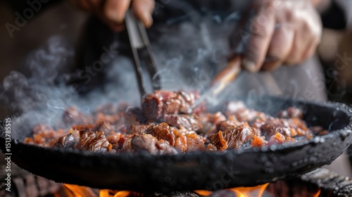A skilled chef expertly grills meat over vivid flames, showcasing the artistry of outdoor cooking and the vibrant interplay of fire, flavor, and culinary creativity in action.