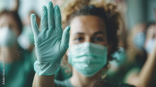 A determined health worker with a gloved hand raised, symbolizing resilience and hope, set against a backdrop of masked individuals amidst the ongoing global health crisis.