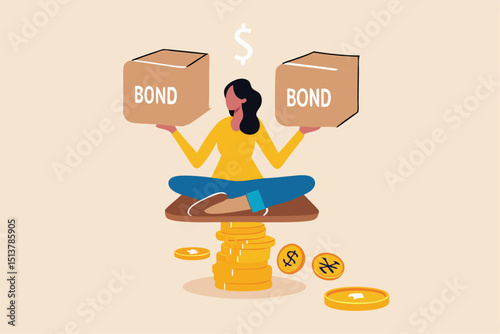 Diversify portfolio investment, rebalance between stocks and bonds, passive invest wealth accumulate concept, intelligent woman keep calm sitting on stack of money coins balancing stock and bond boxes