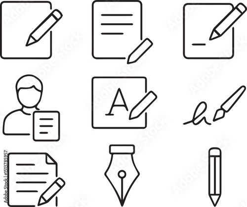 Writing Web Icon Set in Line Style. Collection of Copywriting Linear Icons, Including write, note, edit, writer, text, pen, signature, content editing, document, nib, pencil and More. 