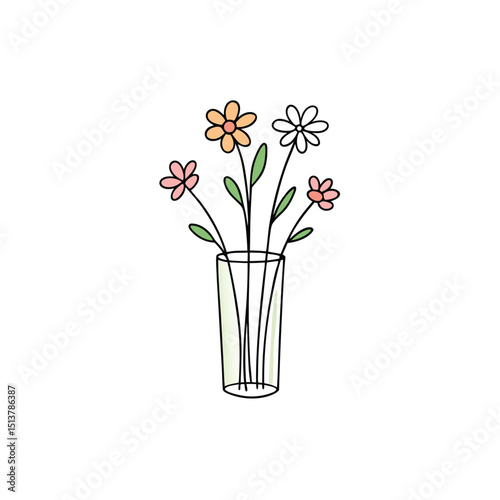 Simple hand-drawn doodle of colorful pastel flowers in a clear glass vase on a white background.