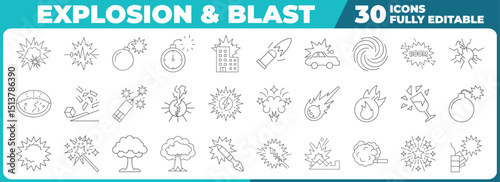 Set of explosion and blast vector line icons fully editable design