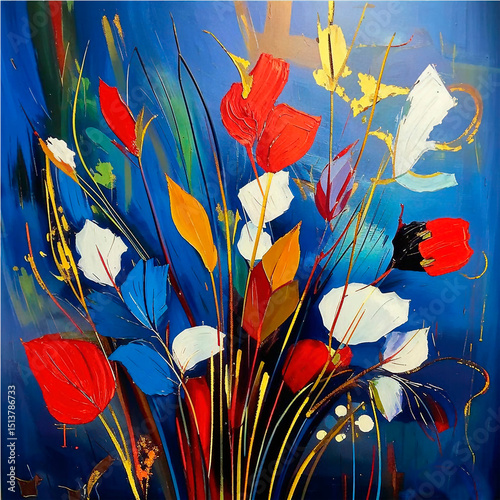 Abstract painting of blue flowers for interior decoration, art art, creative oil painting, flowers, broad strokes of paint