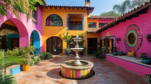 Mexican colonial-style house, colorful walls, open courtyard with fountain, warm and festive setting 