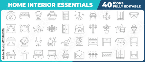 Home interior essentials vector  Modern thin line icons set furniture and decoration elements