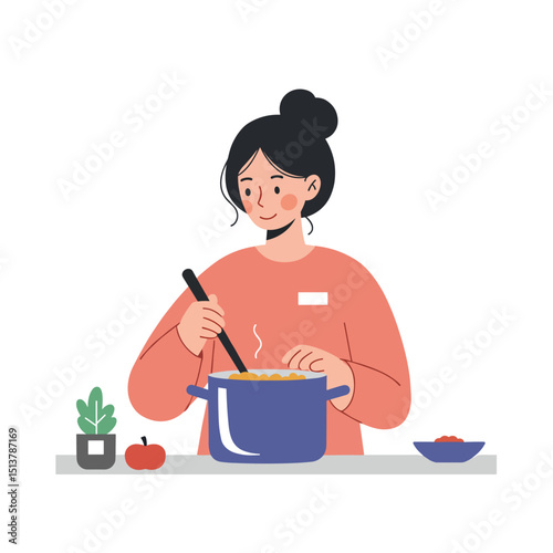Woman stirring soup in pot while standing at kitchen counter  