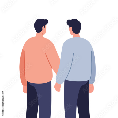 Two men holding hands while turning away from each other