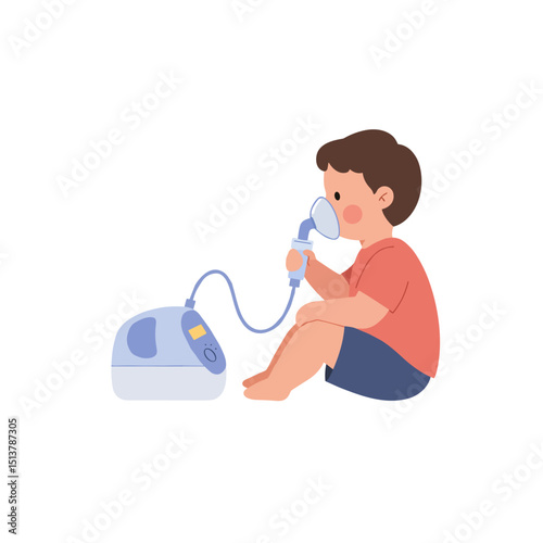 Child sitting beside nebulizer machine while using inhaler at home  