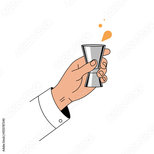 Bartender's hand holding jigger with liquid splash  