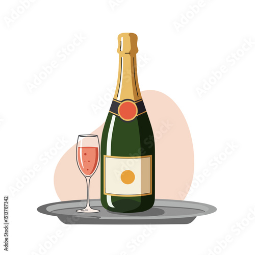 Bottle of bubbly on silver tray with glass beside it  