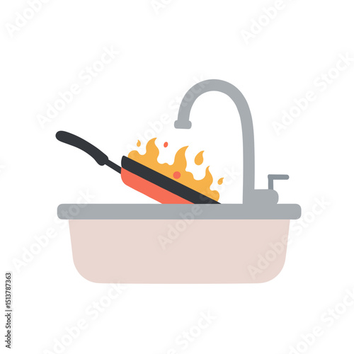 Burnt pan in sink with flames and kitchen faucet  