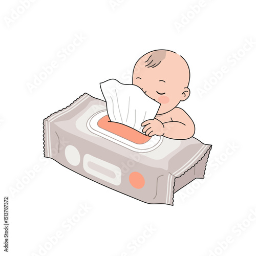 Baby pulling wipes from package while sitting contently on floor  