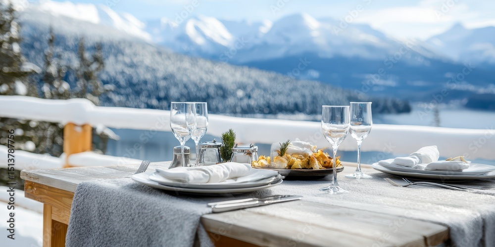 Fototapeta premium Deck feast mountains concept. Cozy winter dining table set against a snowy mountain backdrop.