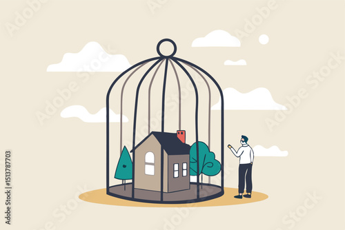 Mortgage payment problem, housing debt in economic crisis concept, worried house owner businessman standing with his house inside locked bird cage.