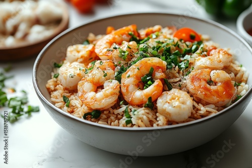 Tasty shrimp and rice bowl topped with herbs and vegetables in natural bright light photo
