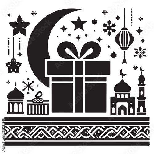 Eid Gift Box Vector with Islamic Symbols
