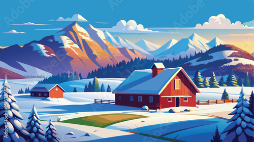 Alpine winter landscape with snowy mountains and a cold sky