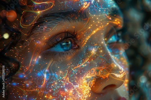 Close-up of woman's eye with cosmic light reflections and holographic overlay