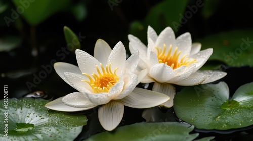 Wallpaper Mural These delicate white water lilies bloom in a tranquil pond, glistening with raindrops on their petals, symbolizing purity, beauty, and the serene essence of nature’s quiet moments. Torontodigital.ca