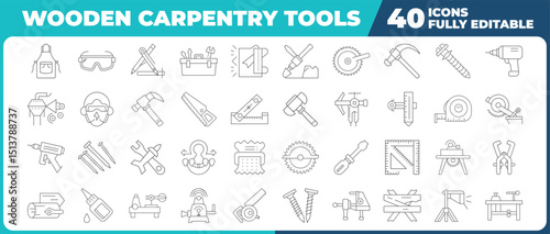 Collection of forty carpentry and woodworking tool icons in a line style, Modern thin line icons set