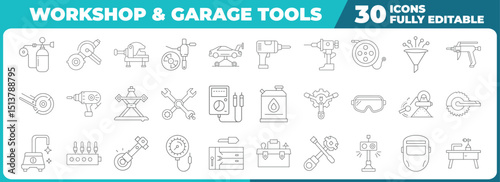 Workshop & Garage Tools Modern thin line icons, Outline icon set depicting workshop tools and garage equipment collection