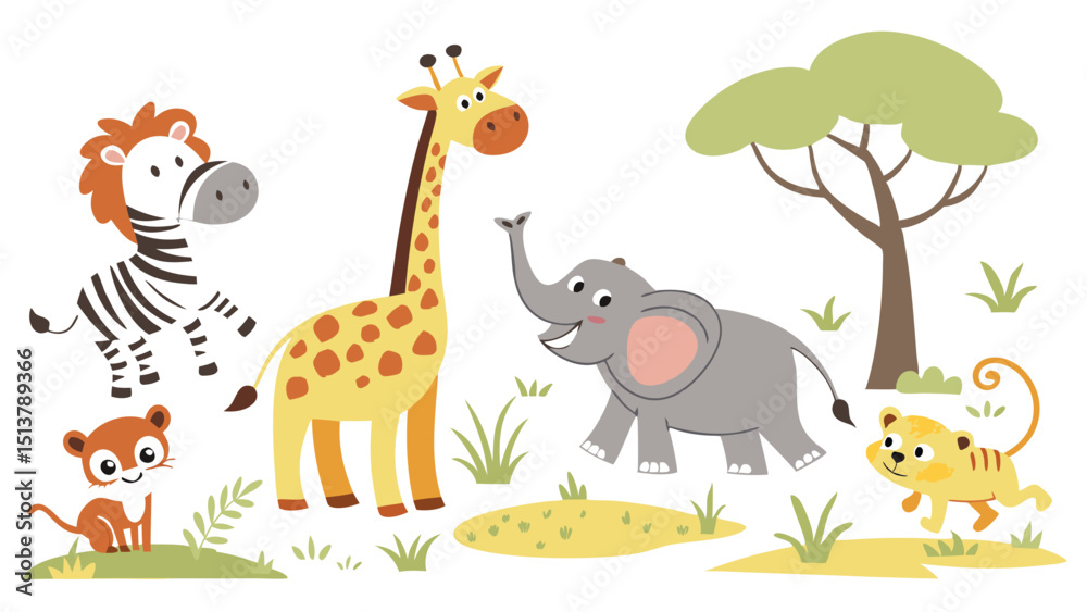 Naklejka premium Adorable Safari Animals and Nature Elements for Nursery Decor