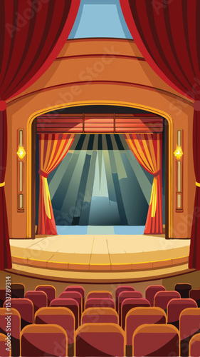 A cartoon illustration of an empty theatre stage with red curtains and audience seats