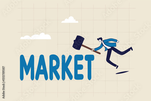 Beating the stock market, investor or active funds who win and earn more than stock market return concept, businessman investor or fund manager holding hammer to hit trying to beat the word Market.