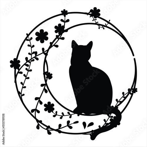 Moon and Cat Silhouette with Floral Design