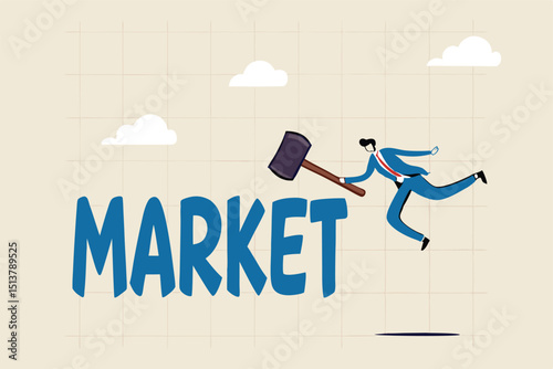 Beating the stock market, investor or active funds who win and earn more than stock market return concept, businessman investor or fund manager holding hammer to hit trying to beat the word Market.